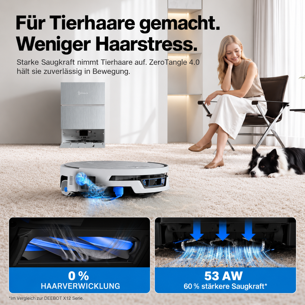 Ein Saugroboter reinigt einen Teppich in einem Raum mit einer sitzenden Frau, einem Hund und einer Reinigungsstation.