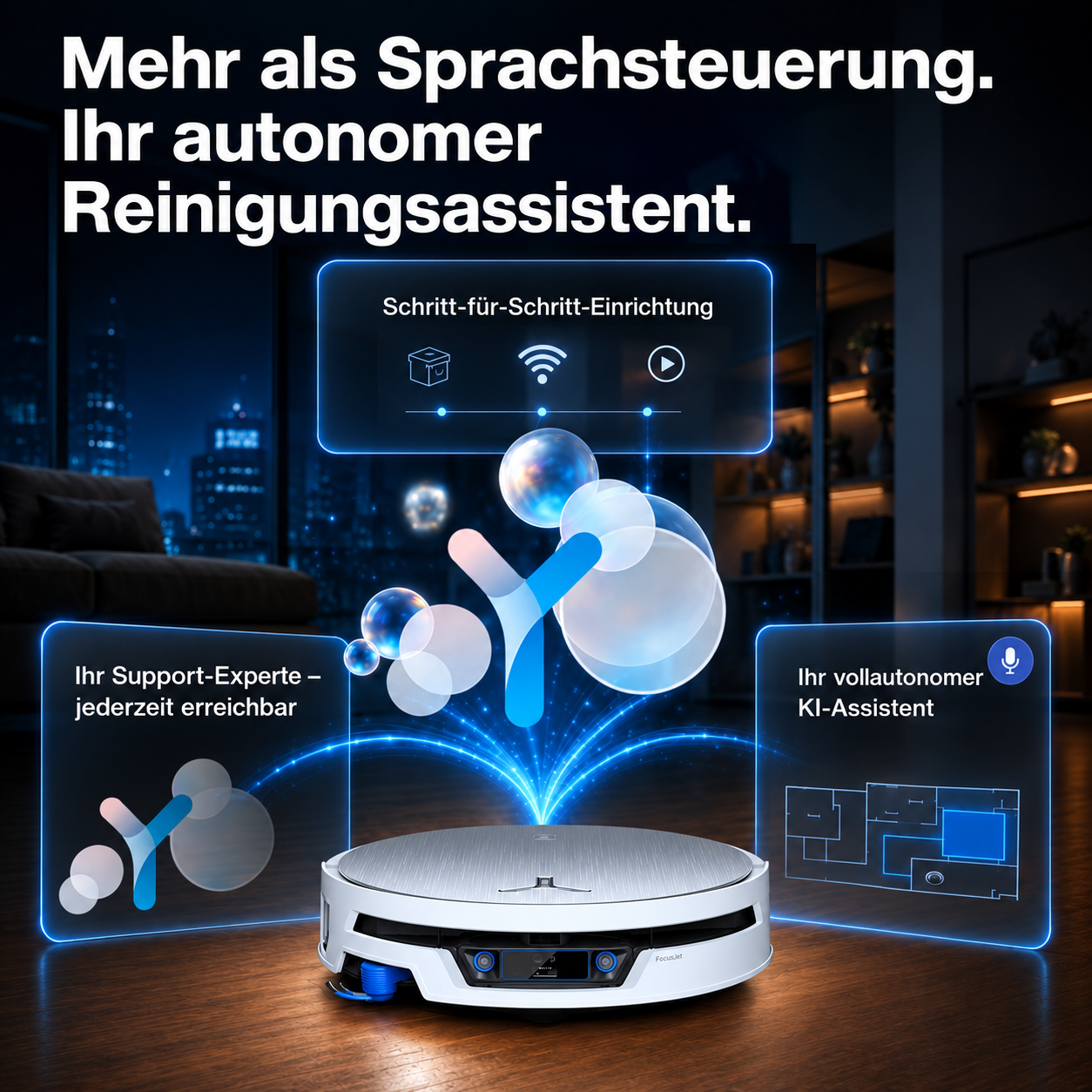 Ein weißer Saugroboter auf Holzfußboden mit blauen Hologramm-Oberflächen für KI-Assistenz und Setup.