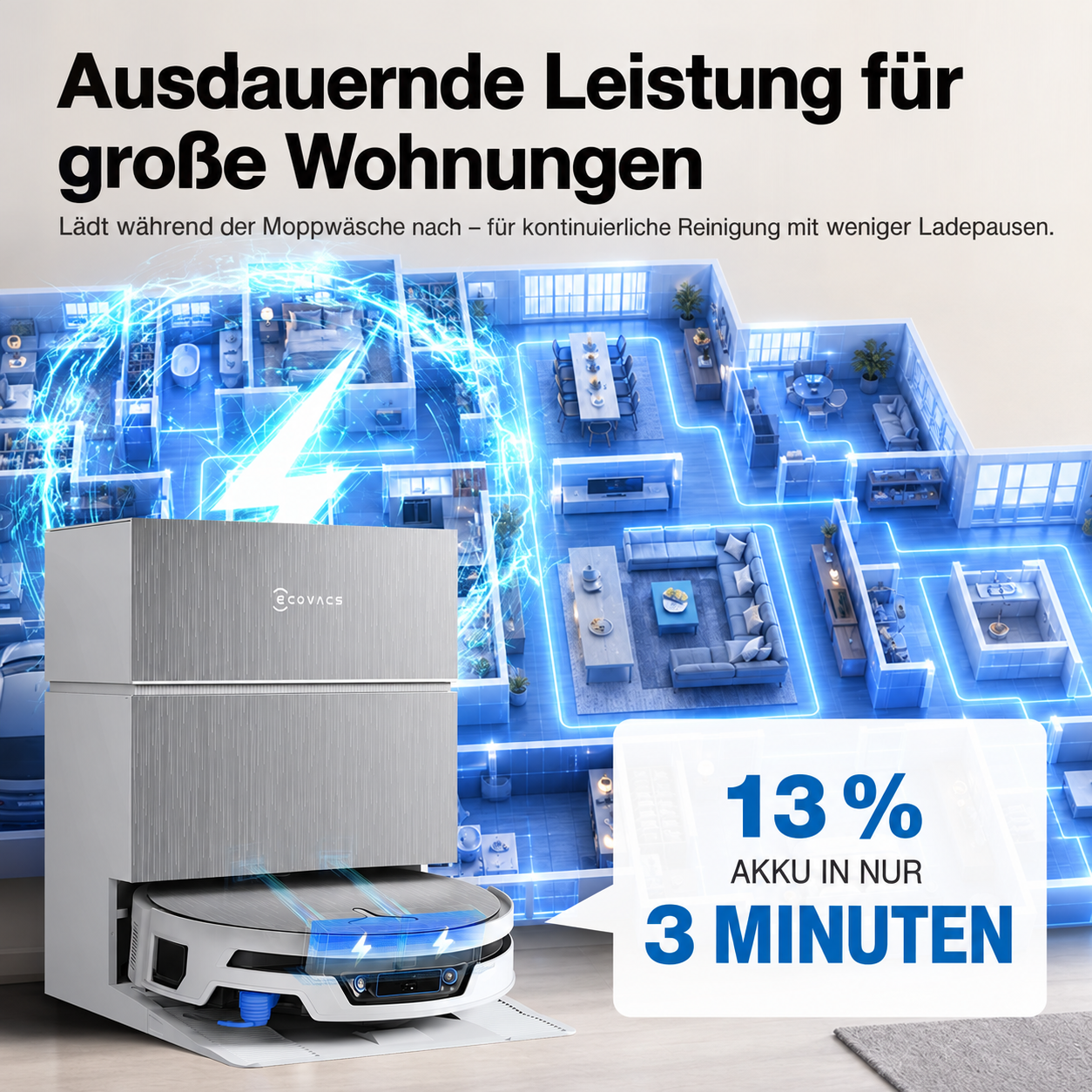 Saugroboter in Ladestation vor blauem Grundriss und Text zur Akkuladezeit.