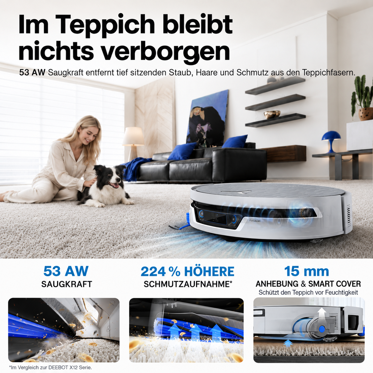 Werbebild für einen Saugroboter in einem modernen Wohnzimmer mit Frau und Hund, inklusive technischer Details.