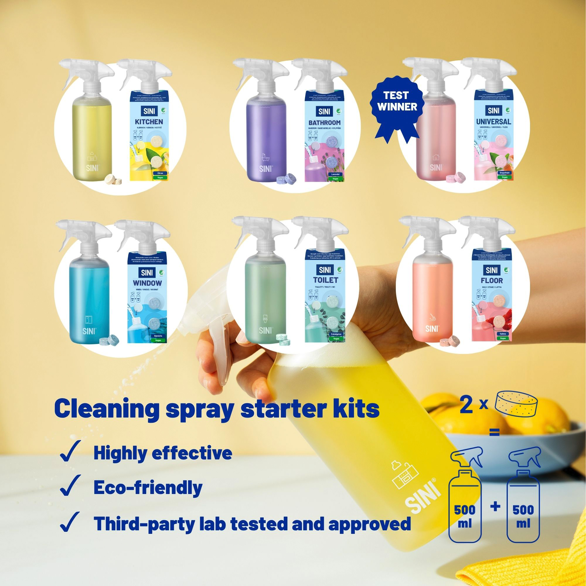 Hat darab Sini tisztítóspray kezdőkészlet színes palackokkal, utántöltő tablettákkal sárga háttér előtt.