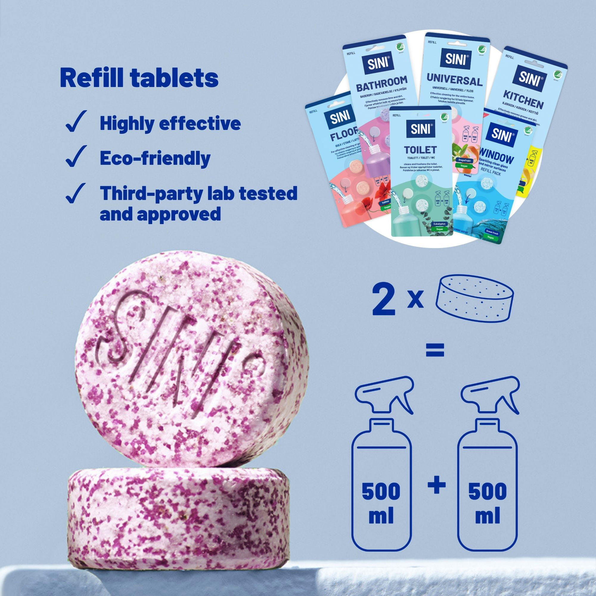 SINI tisztító utántöltő tabletták rózsaszín pöttyökkel, környezetbarátak és hatékonyak.