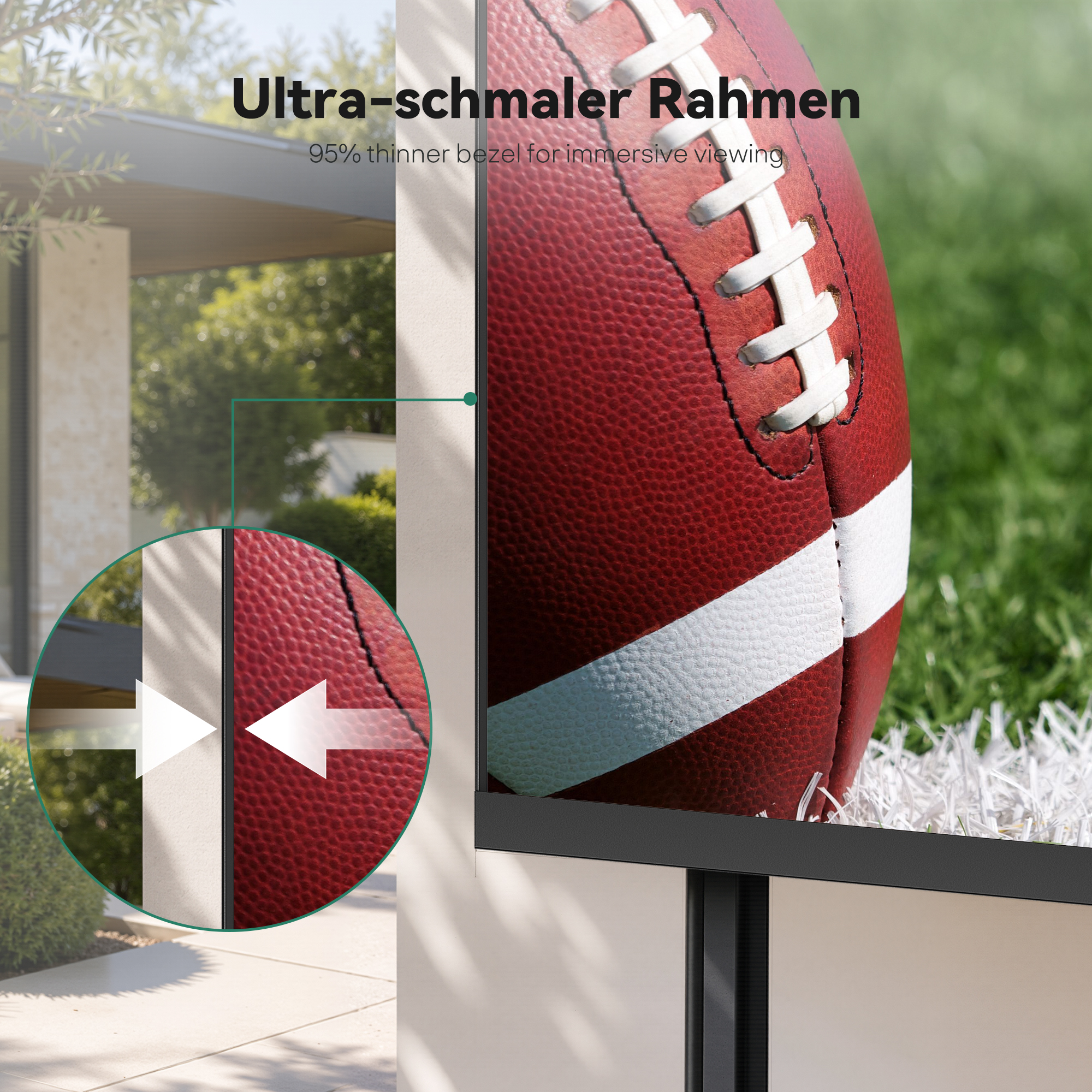Primer plano de un bisel de TV ultra fino que muestra un partido de fútbol americano.