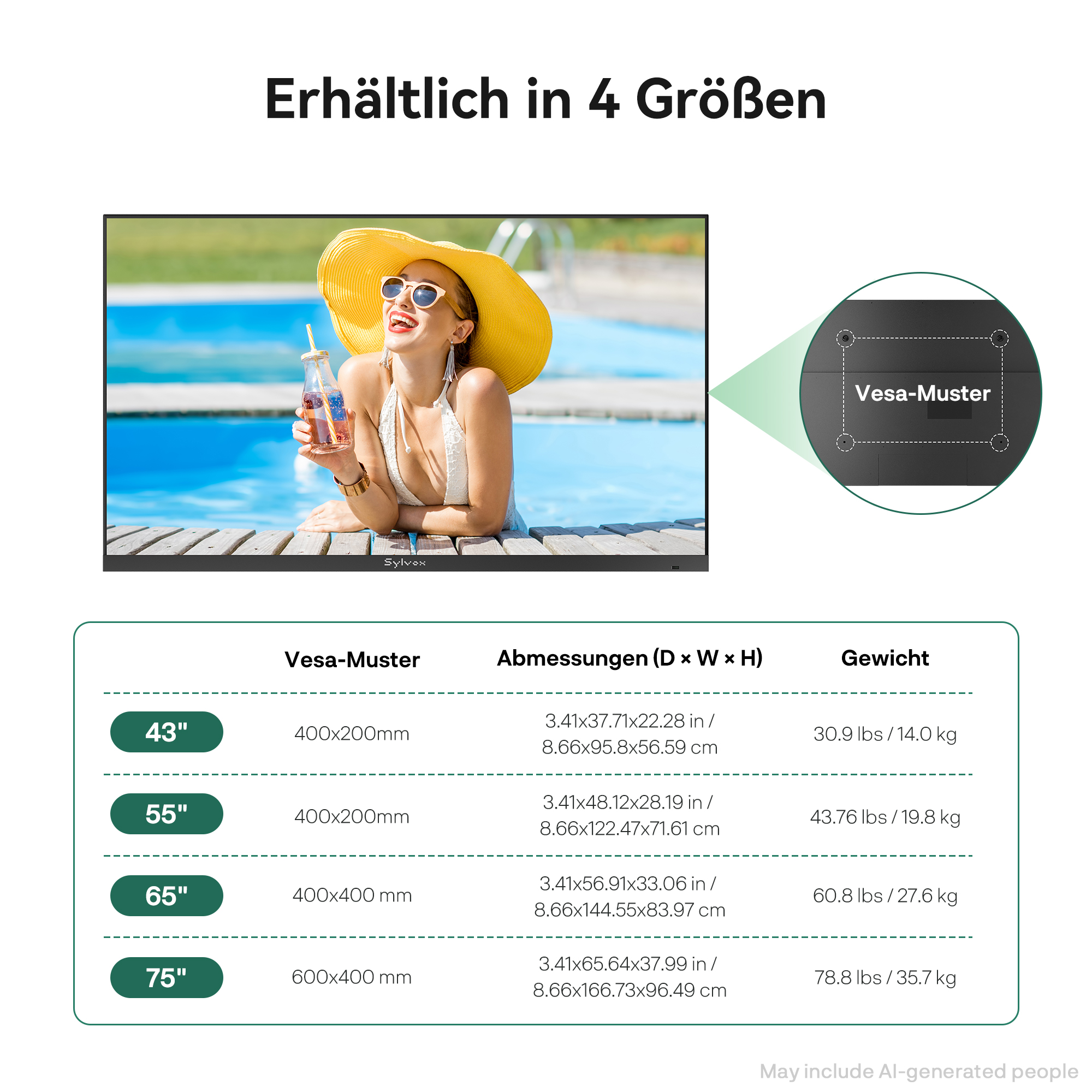 La tabla muestra el patrón Vesa, dimensiones y peso de cuatro tamaños de TV con una imagen de piscina.