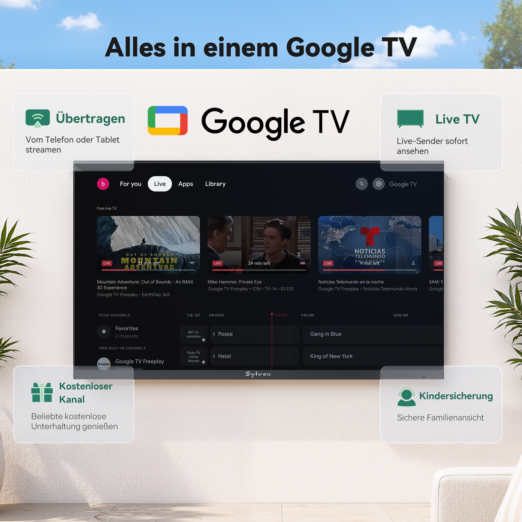 Pantalla de Google TV que muestra opciones de transmisión y canales con gráficos informativos.