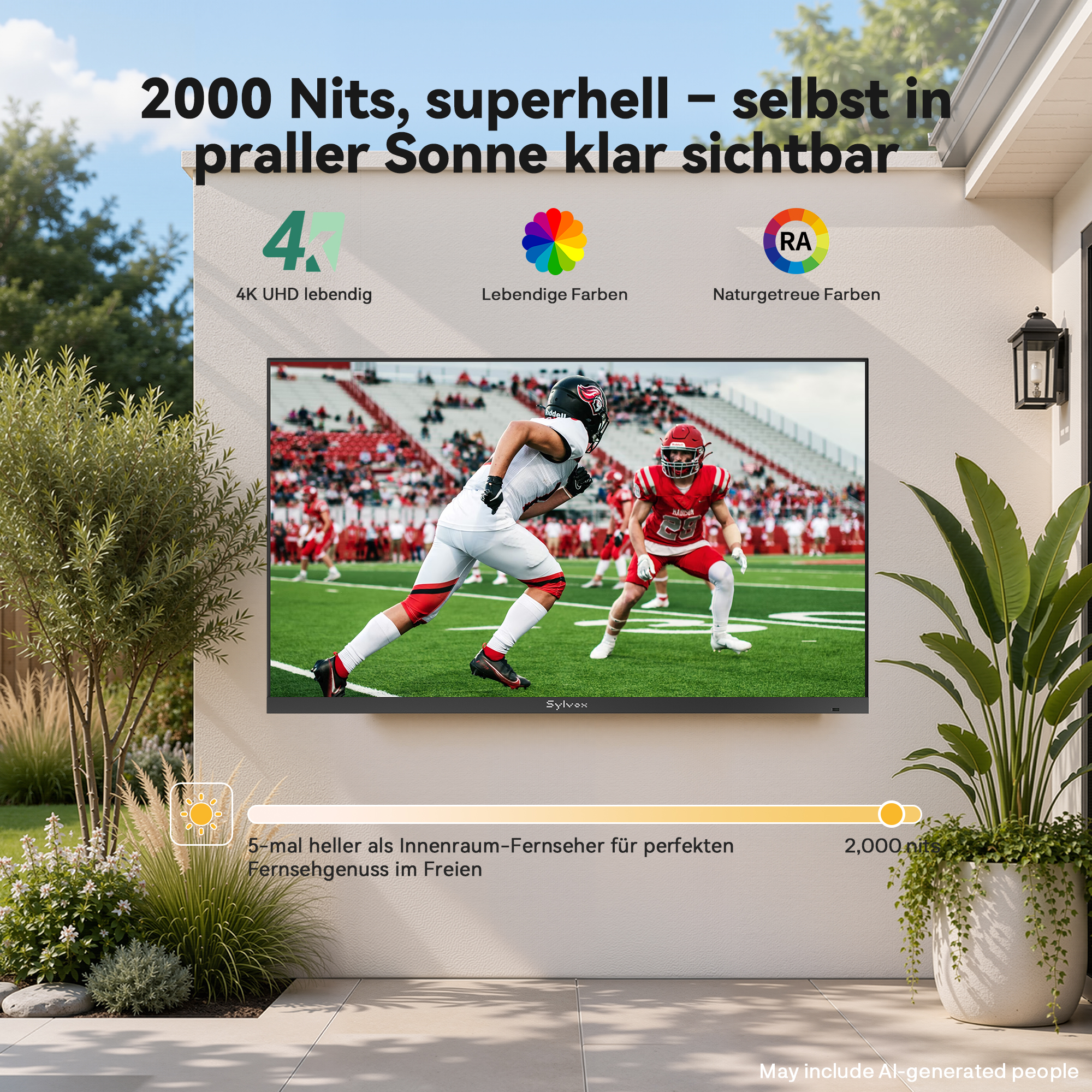 Un televisor de exterior en una pared blanca muestra un partido de fútbol americano bajo el sol.