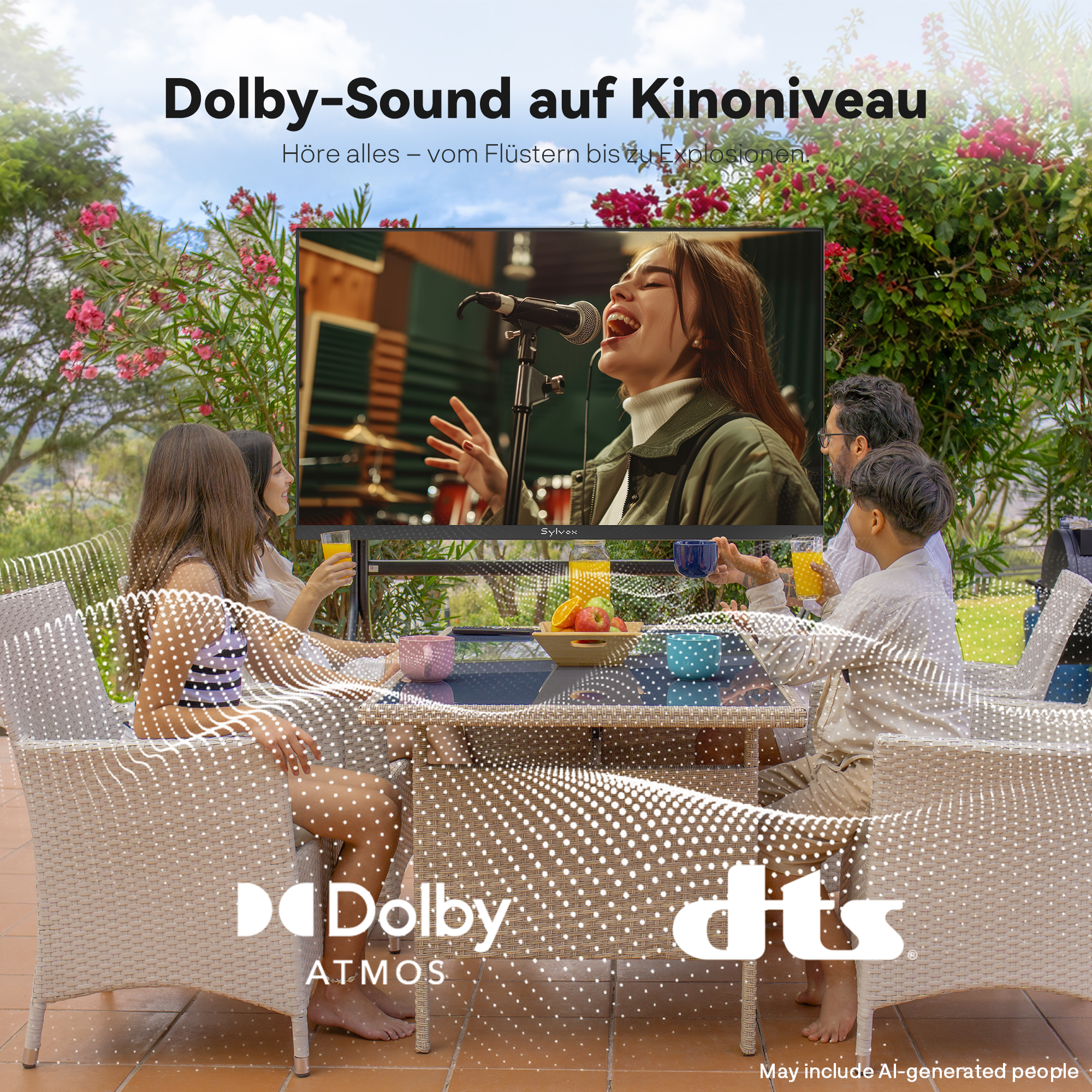 Familia sentada en un jardín viendo un televisor que muestra a una cantante.