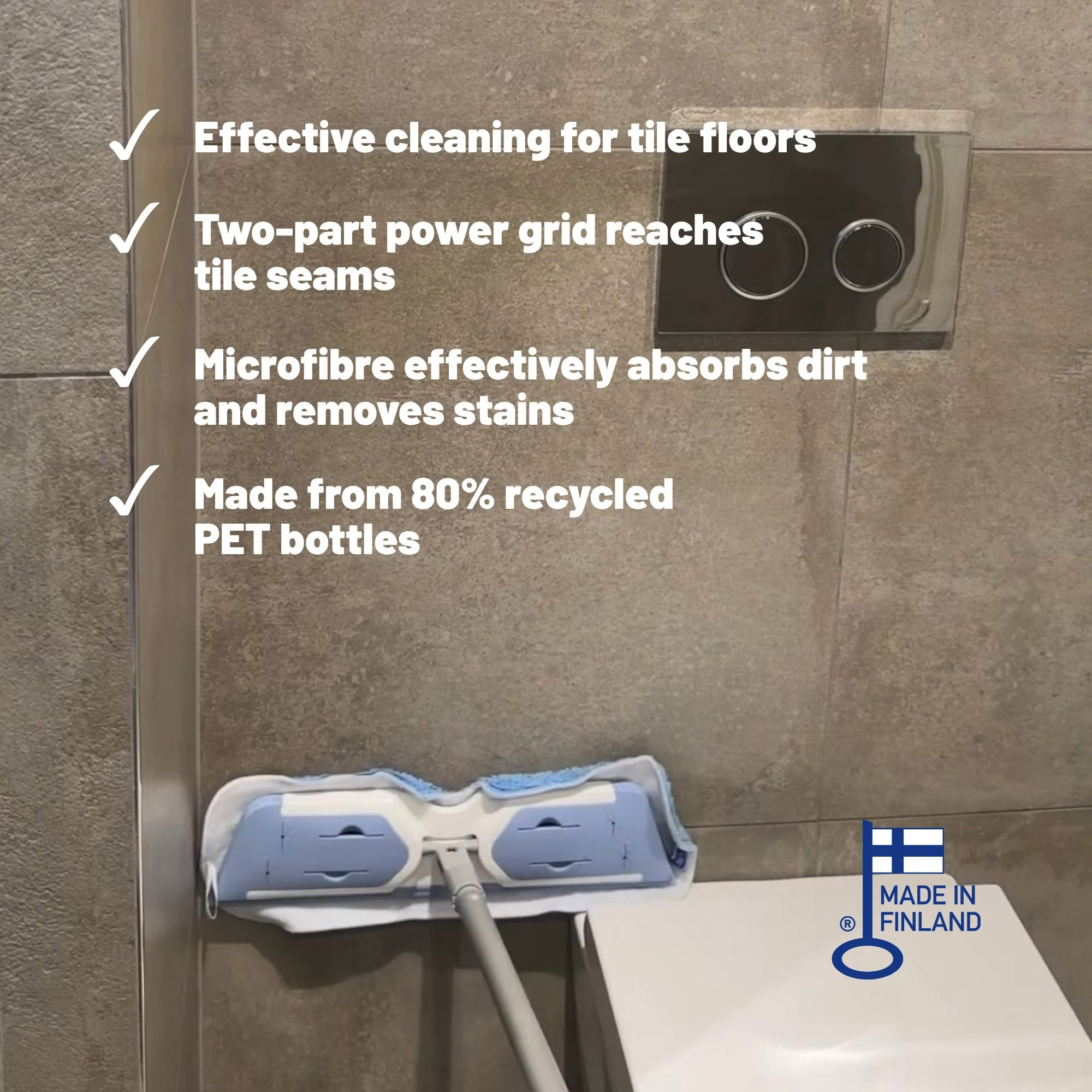 Kék felmosó csempe tisztítási felirattal és Made in Finland logóval.
