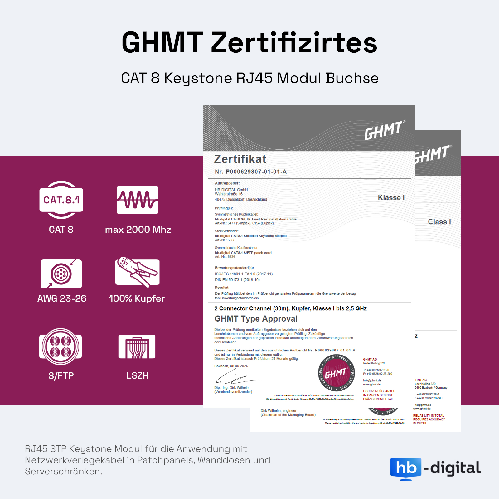 GHMT-zertifiziertes CAT 8 Keystone RJ45 Modul mit technischen Details und Zertifikat.