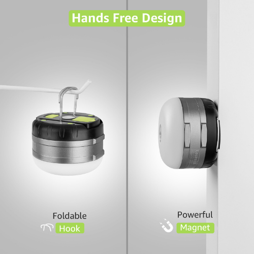 Eine Campinglampe mit klappbarem Haken links und Magnethalterung rechts an einer Metalloberfläche.