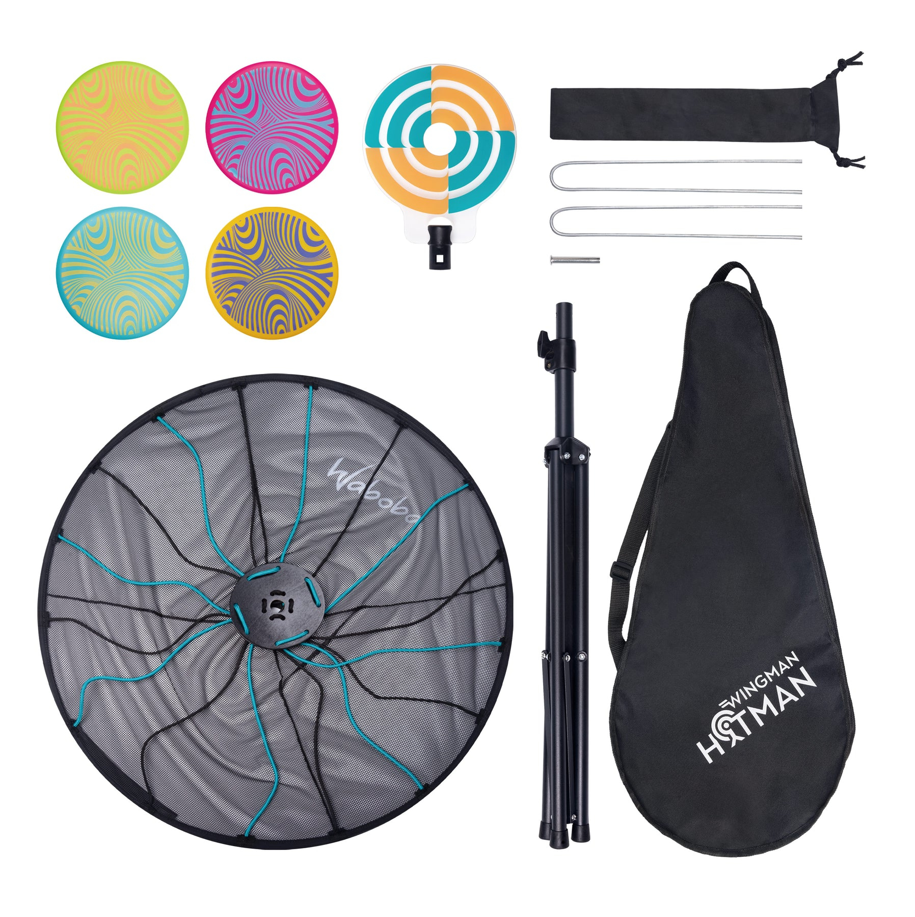 Set da gioco con bersaglio a rete rotondo, dischi colorati, treppiede e borsa nera su sfondo bianco.