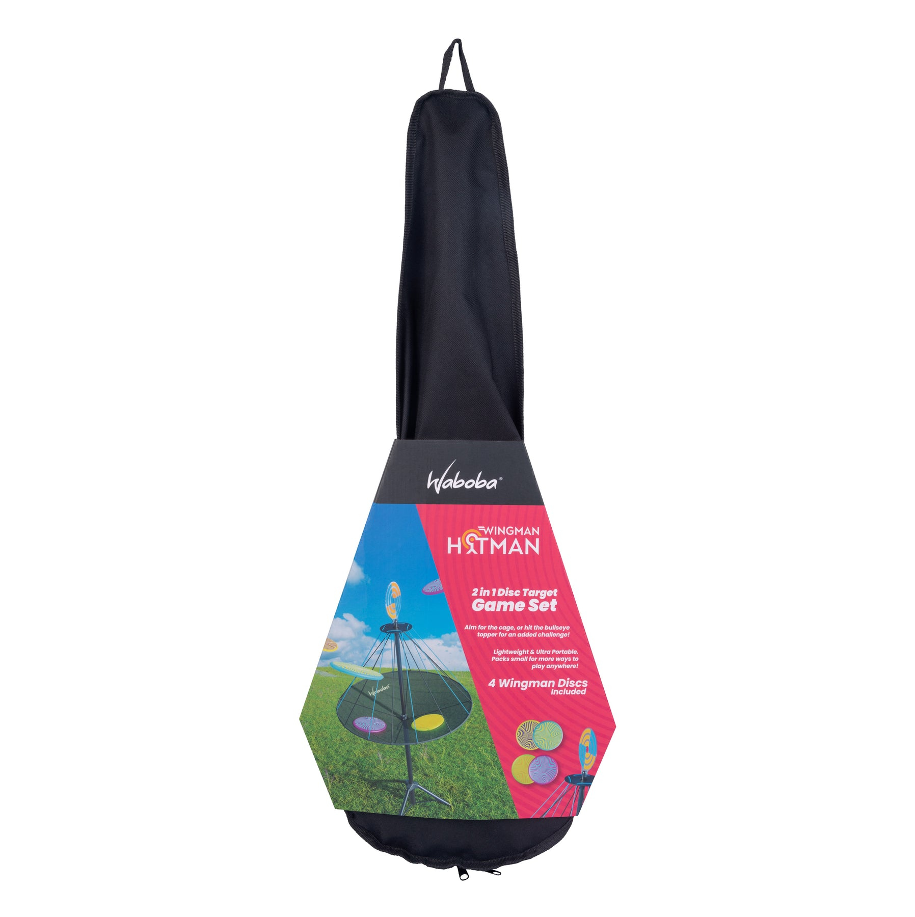 Borsa di trasporto nera per un gioco di bersagli a disco Waboba Wingman Hitman con confezione colorata.