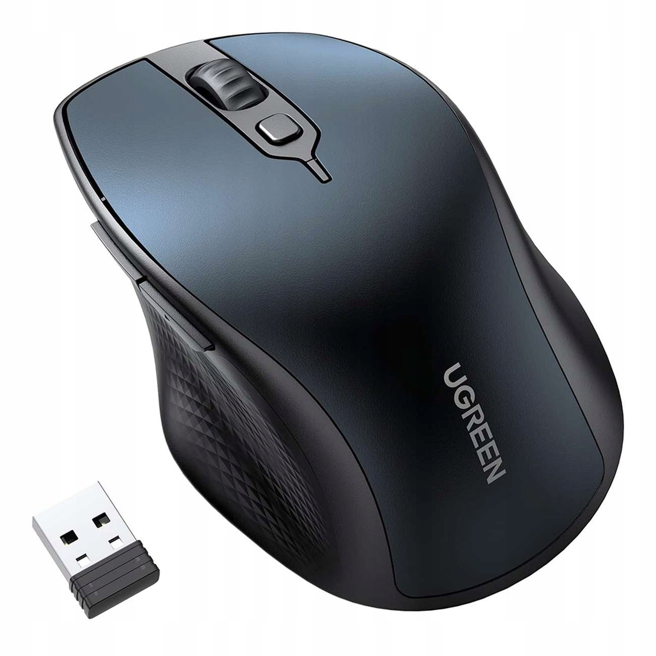 Czarna bezprzewodowa mysz komputerowa Ugreen z odbiornikiem USB na białym tle.