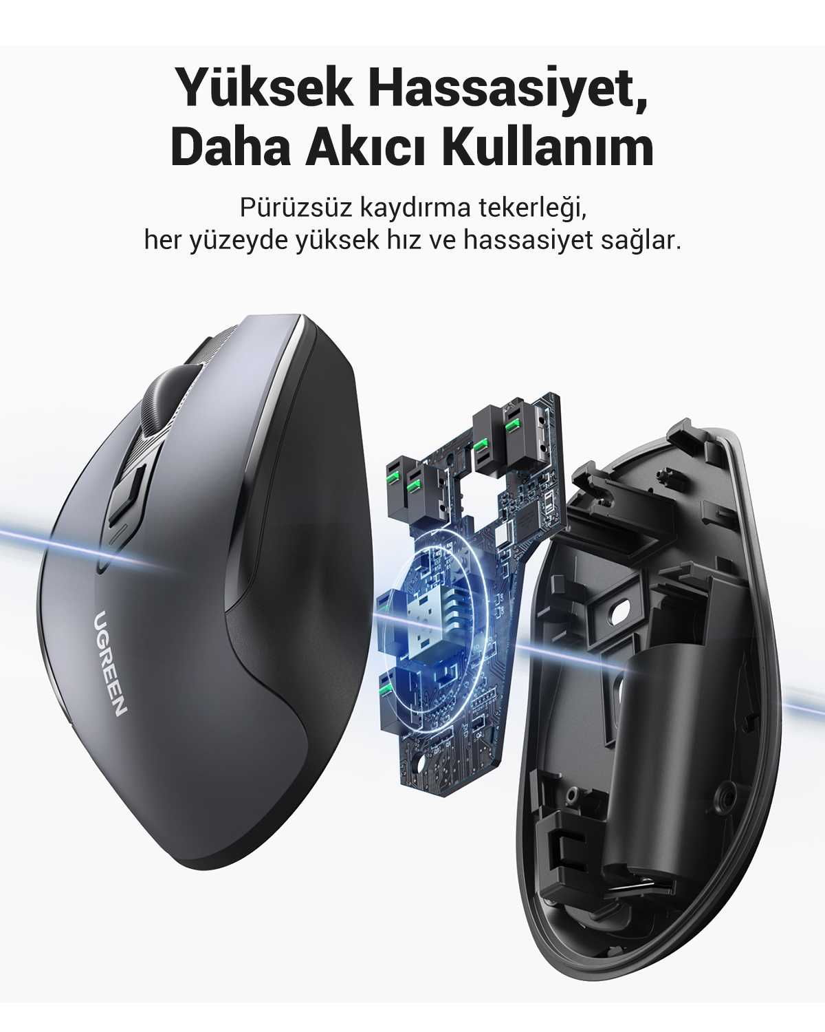 İç devre kartını, anahtarları ve gövdeyi gösteren gri bir Ugreen farenin patlatılmış görünümü.
