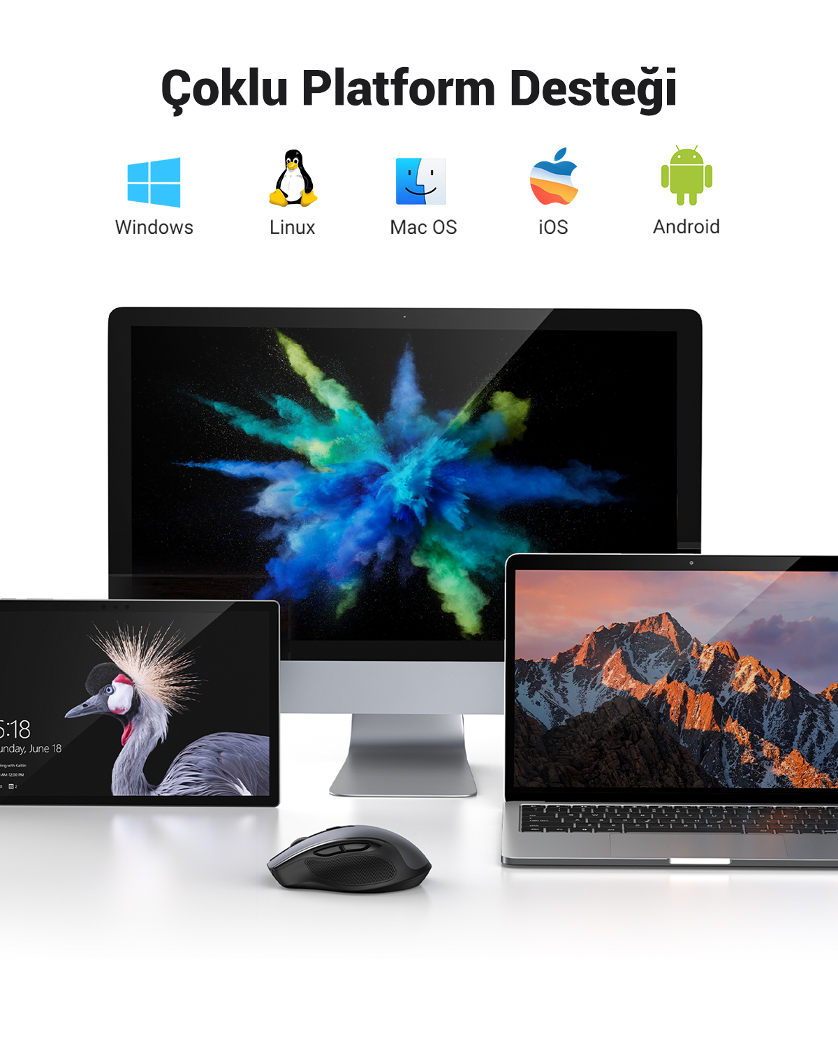 Windows, Linux, Mac OS, iOS ve Android desteğini gösteren çeşitli bilgisayar ve cihazlar.