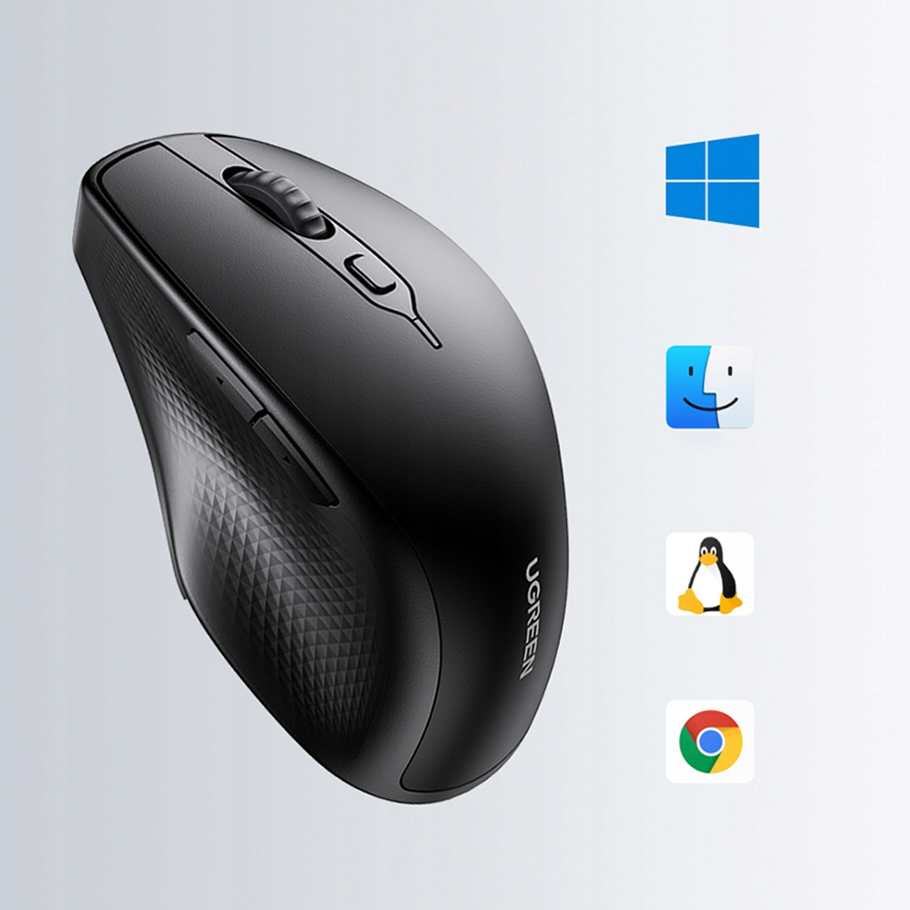 Czarna mysz komputerowa Ugreen z logo Windows, Mac, Linux i Chrome na jasnym tle.