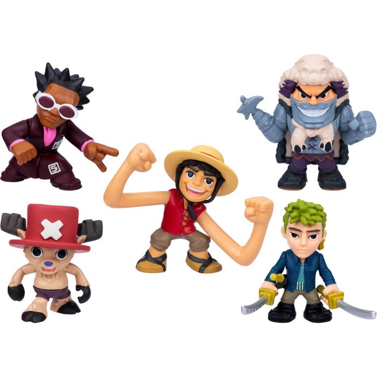 Fünf farbenfrohe One Piece Actionfiguren auf weißem Hintergrund, darunter Luffy mit ausgestreckten Armen.
