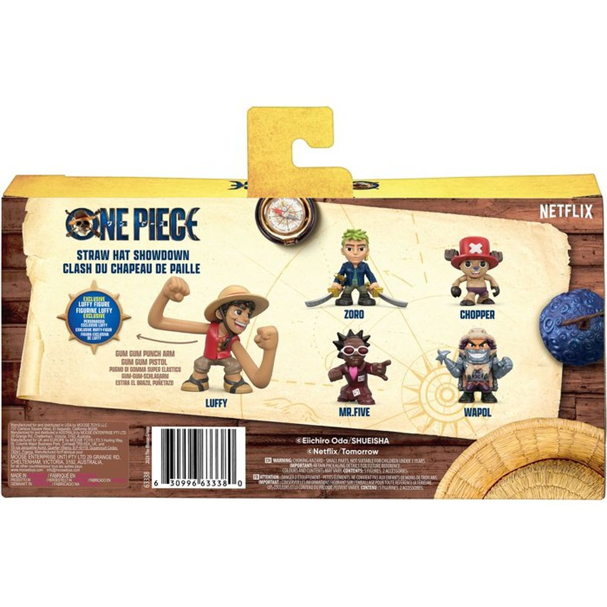 Rückseite einer One Piece Spielzeugverpackung mit Luffy, Zoro, Chopper, Mr. Five und Wapol.