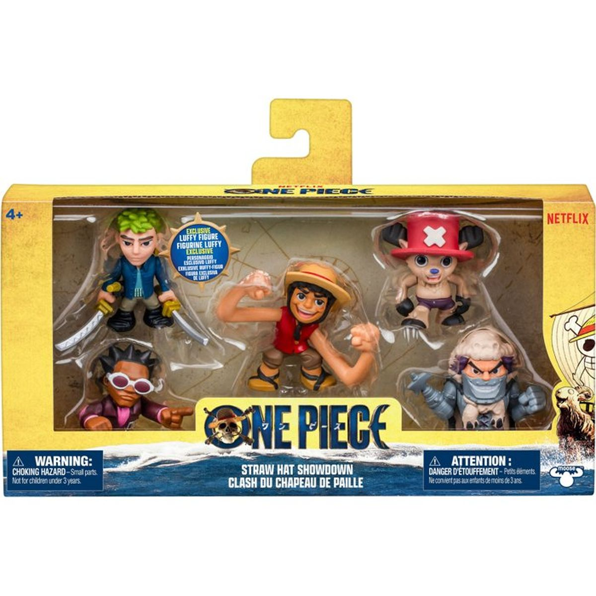 One Piece Straw Hat Showdown Actionfiguren-Set mit fünf Charakteren in einer gelben Box.