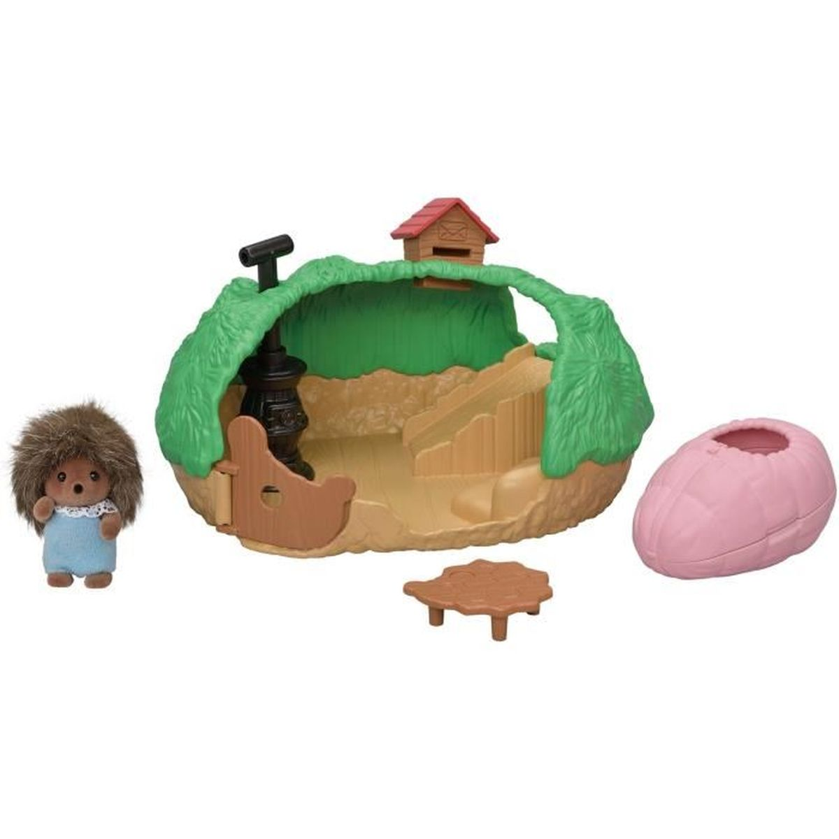 Ein Spielset mit einer Igel-Figur, einer grasbedeckten Hütte mit Rutsche, einem Tisch und einem Schlafsack.
