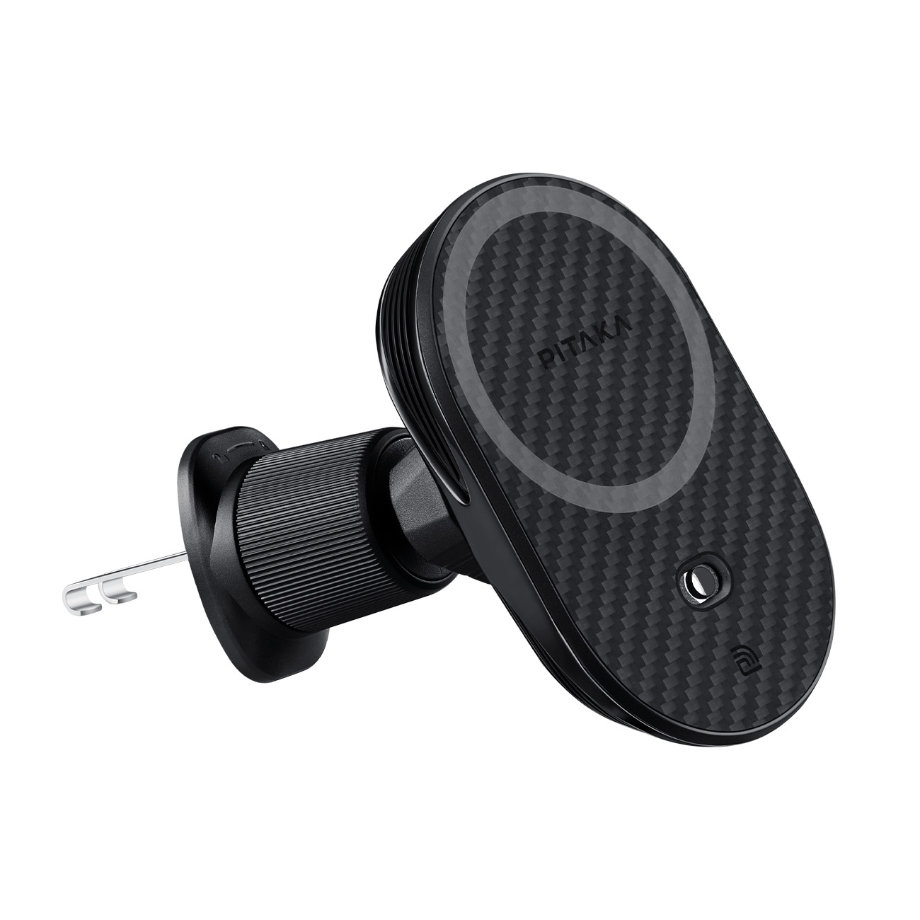 Soporte de coche Pitaka negro con diseño de fibra de carbono y clip para rejilla de aire sobre fondo blanco.
