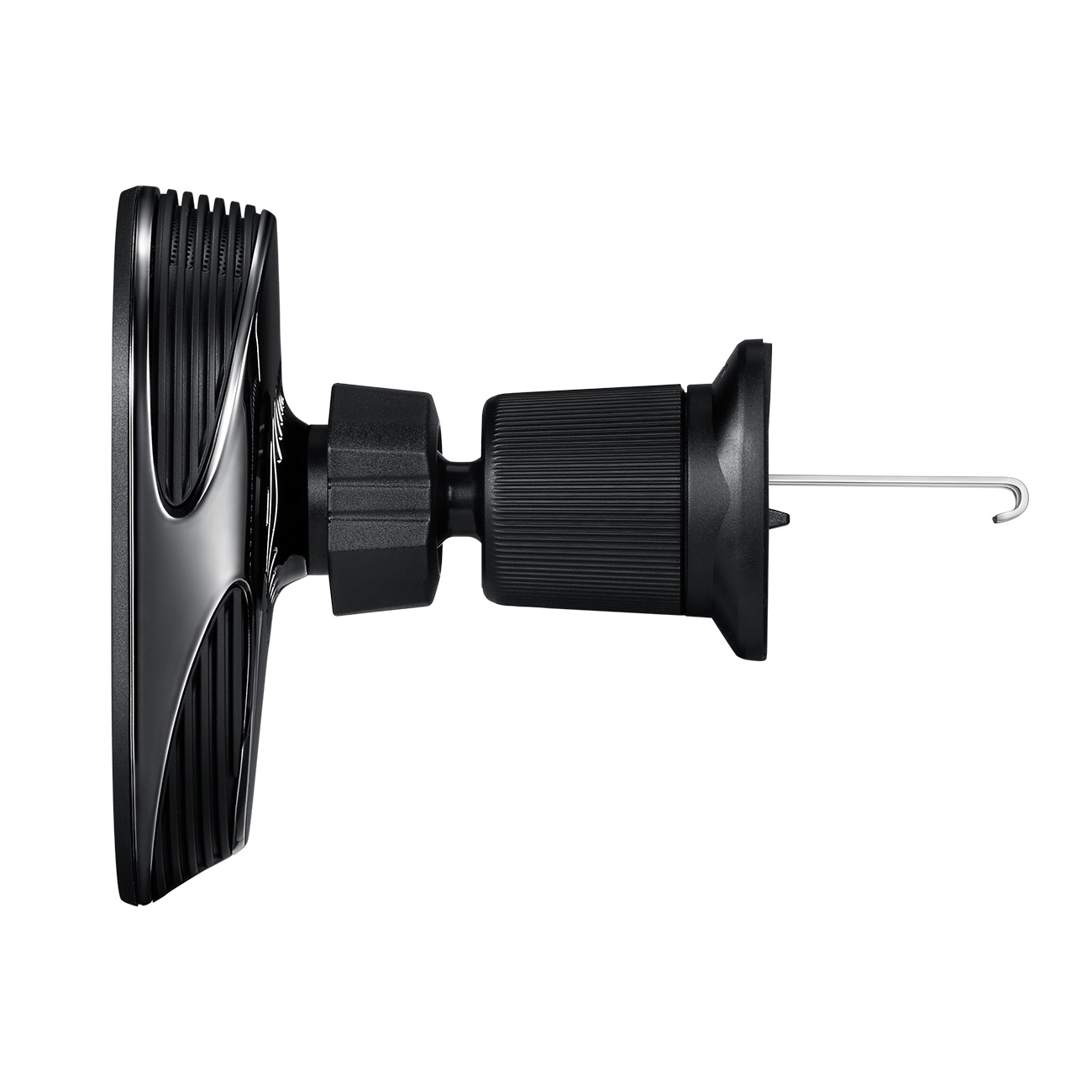 Soporte para teléfono de coche negro con gancho metálico, vista lateral sobre fondo blanco.