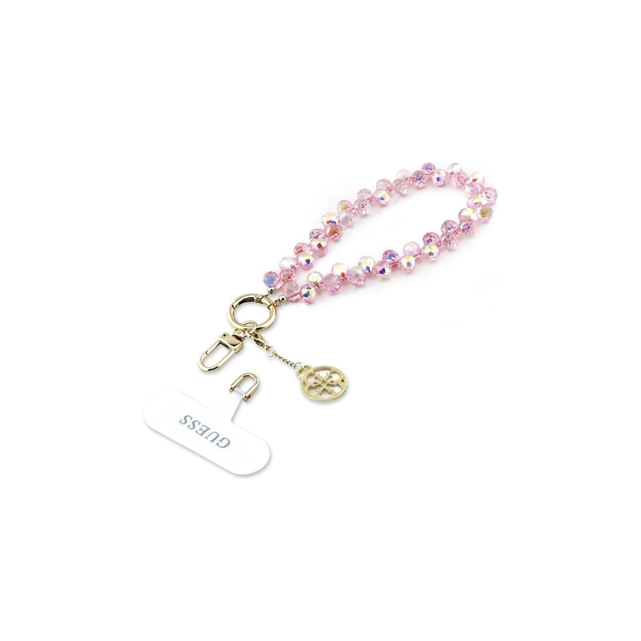 Una correa de abalorios rosa para teléfono con herrajes dorados y una etiqueta Guess sobre fondo blanco.