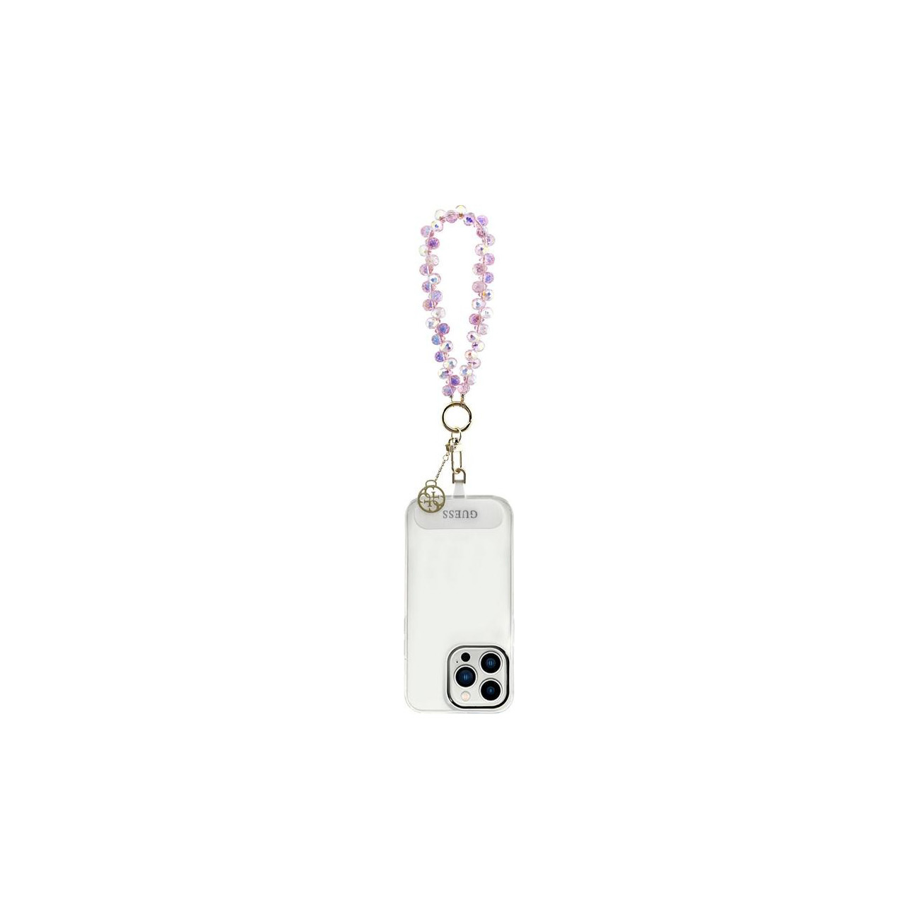 Una funda de teléfono transparente con una correa de cuentas moradas y un dije dorado sobre fondo blanco.