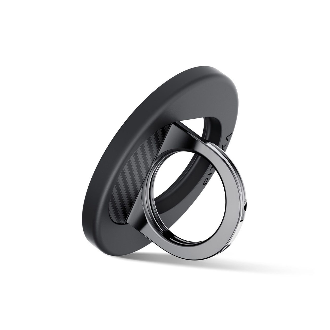 Un soporte para teléfono negro y redondo con un anillo plateado sobre fondo blanco.