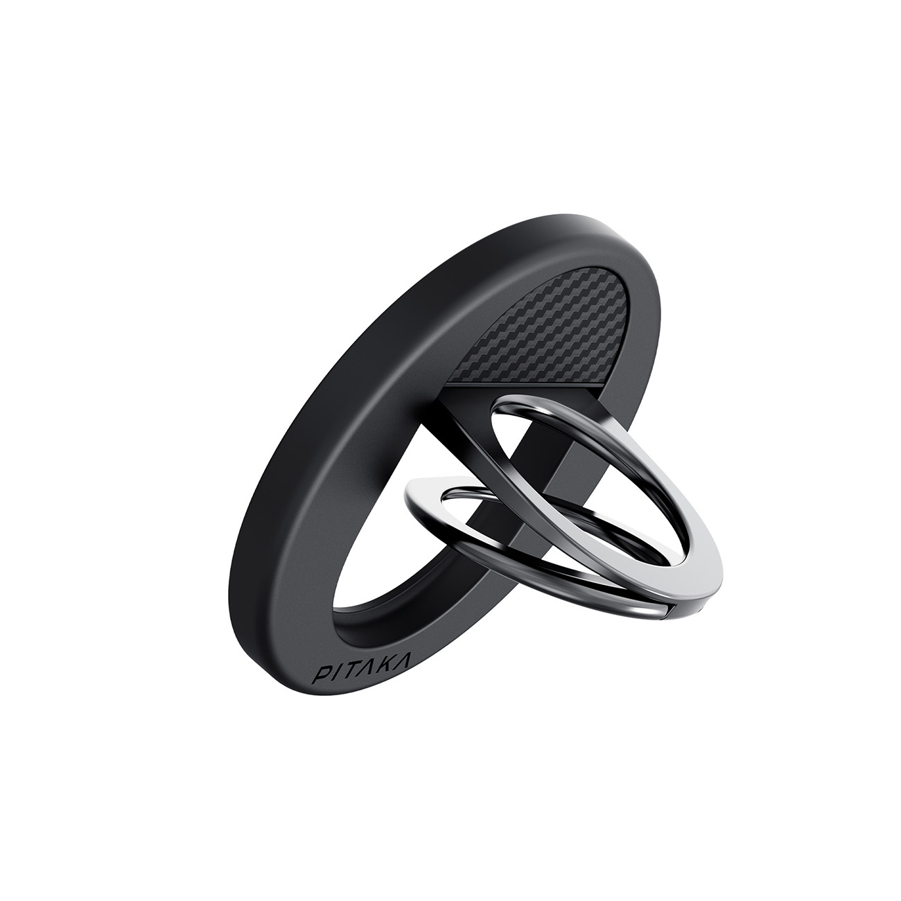 Un soporte de anillo para teléfono Pitaka negro con un detalle de fibra de carbono y anillos dobles extendidos.