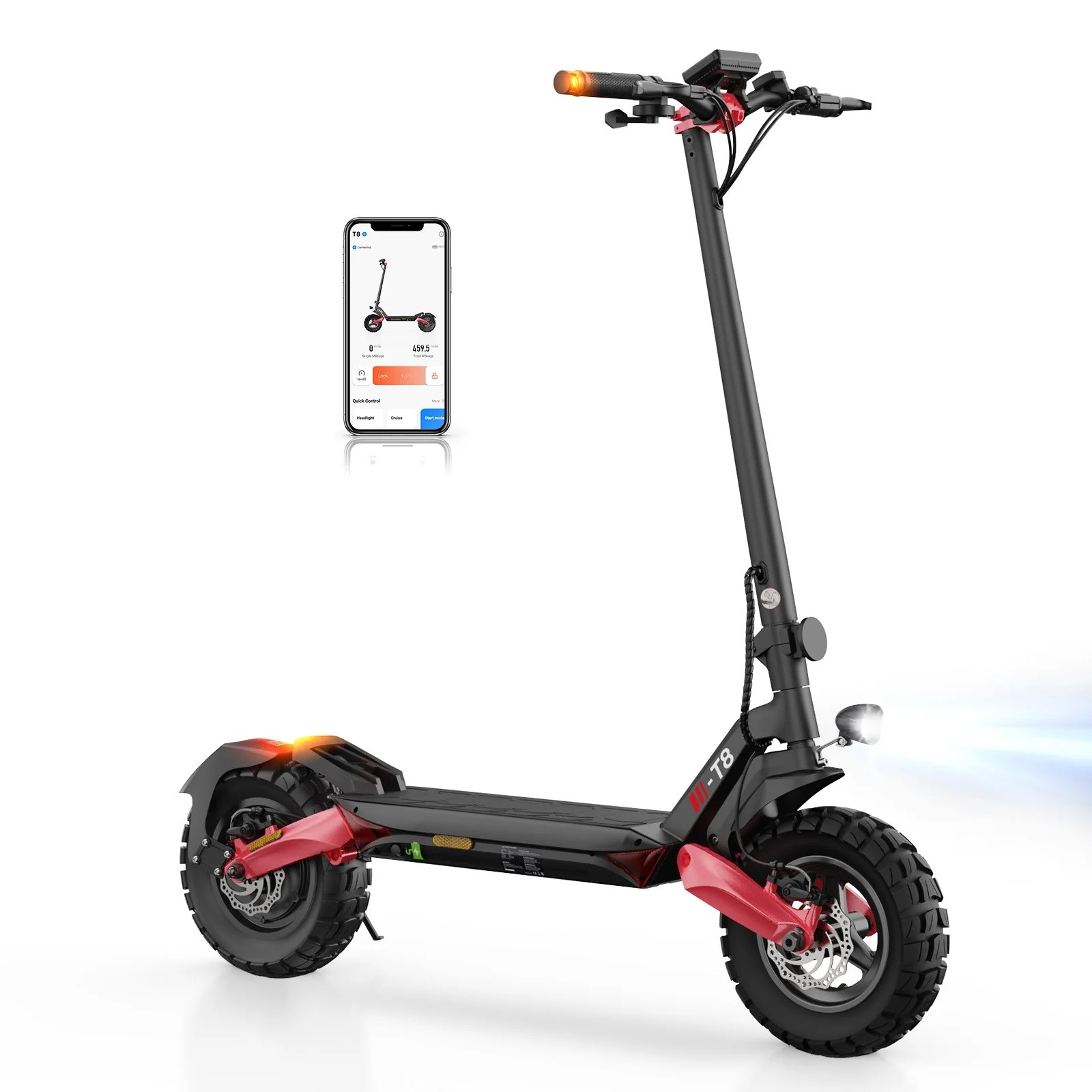 Un monopattino elettrico nero con dettagli rossi e pneumatici larghi su sfondo bianco, accompagnato da un'app mobile.