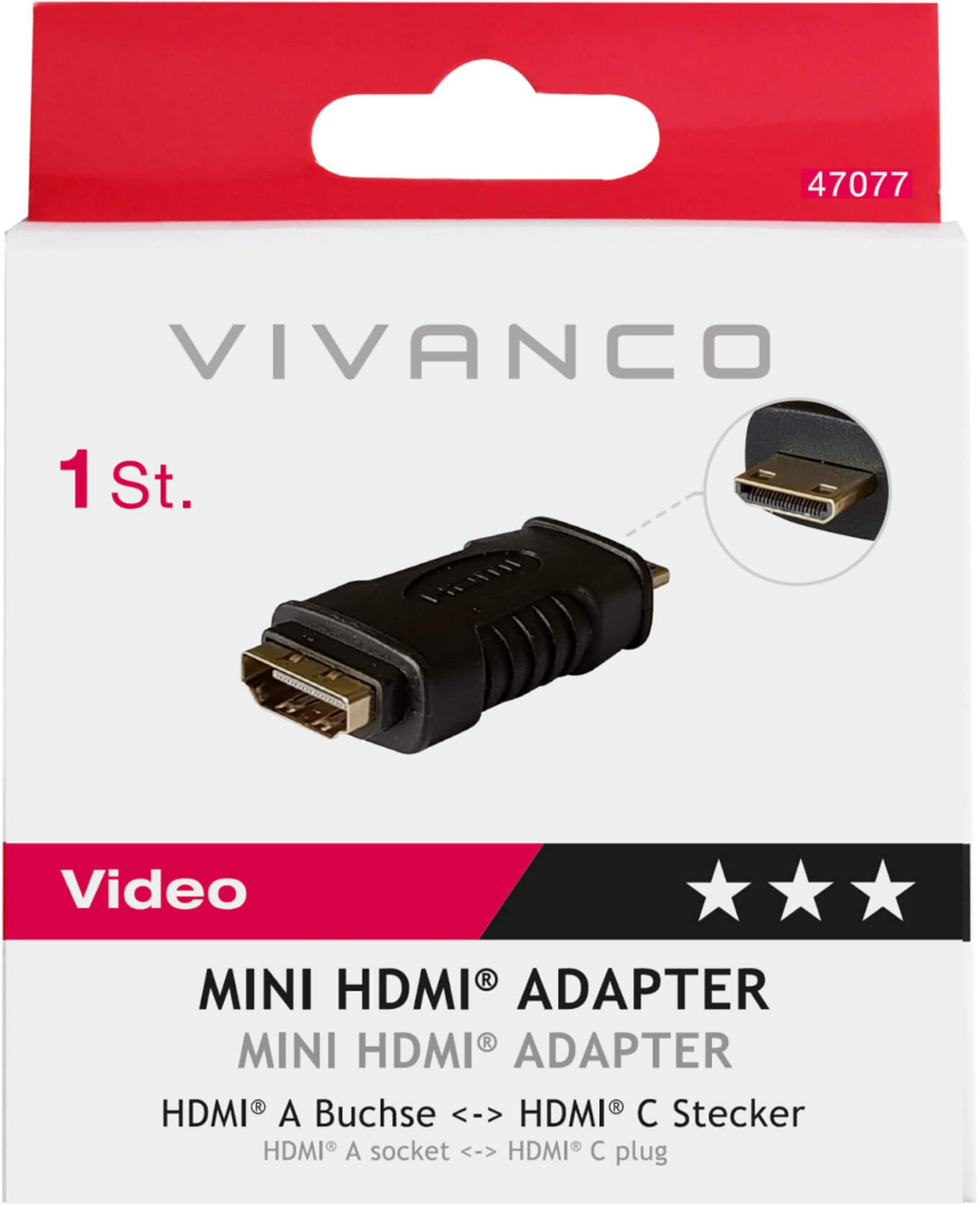 Adattatore Mini HDMI Vivanco in confezione bianca e rossa con immagine.