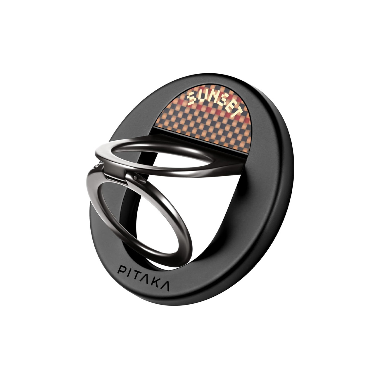 Un soporte para teléfono Pitaka circular negro con diseño de atardecer a cuadros y dos anillos de metal.