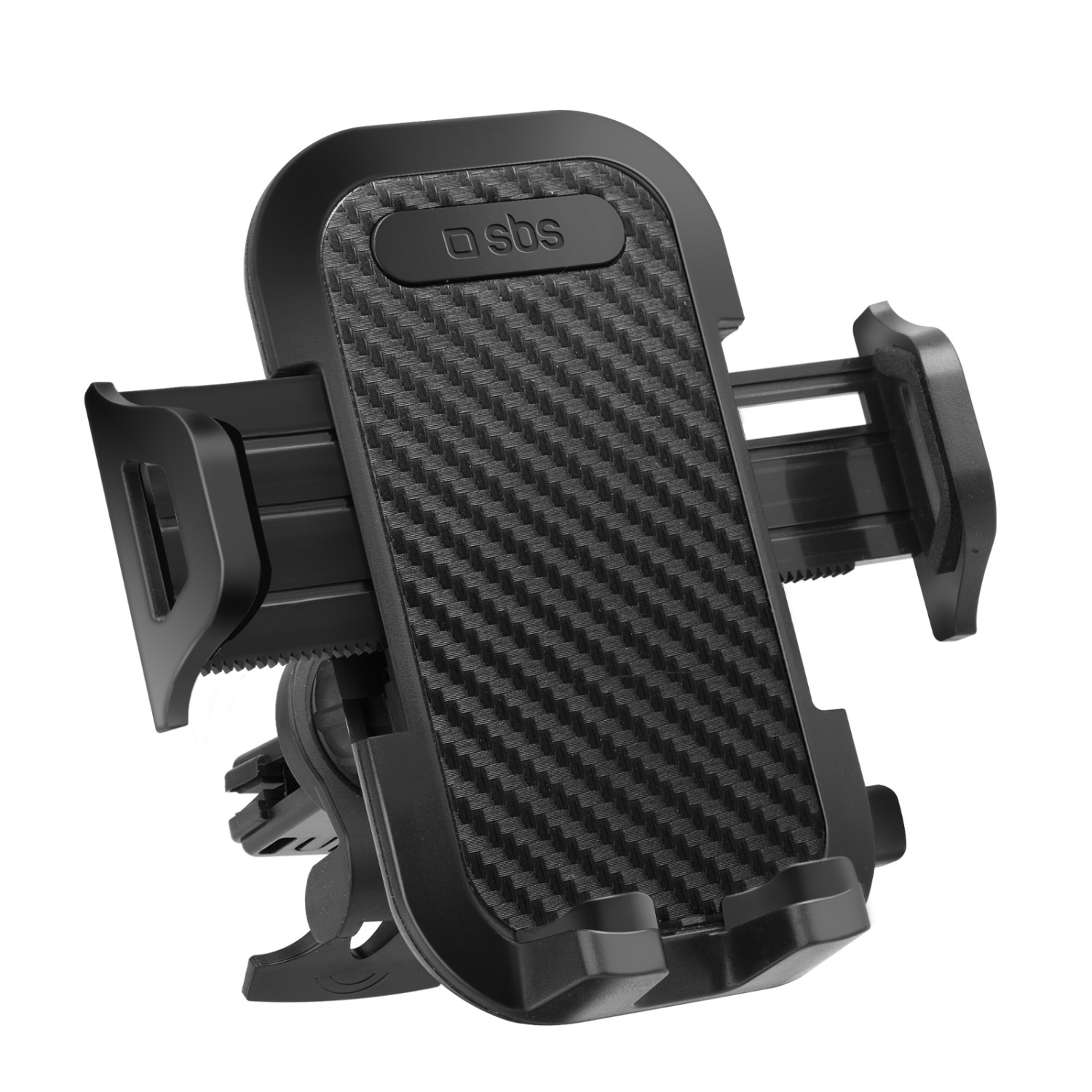 Soporte para coche negro para smartphone con patrón de fibra de carbono y pinzas laterales ajustables sobre fondo blanco.