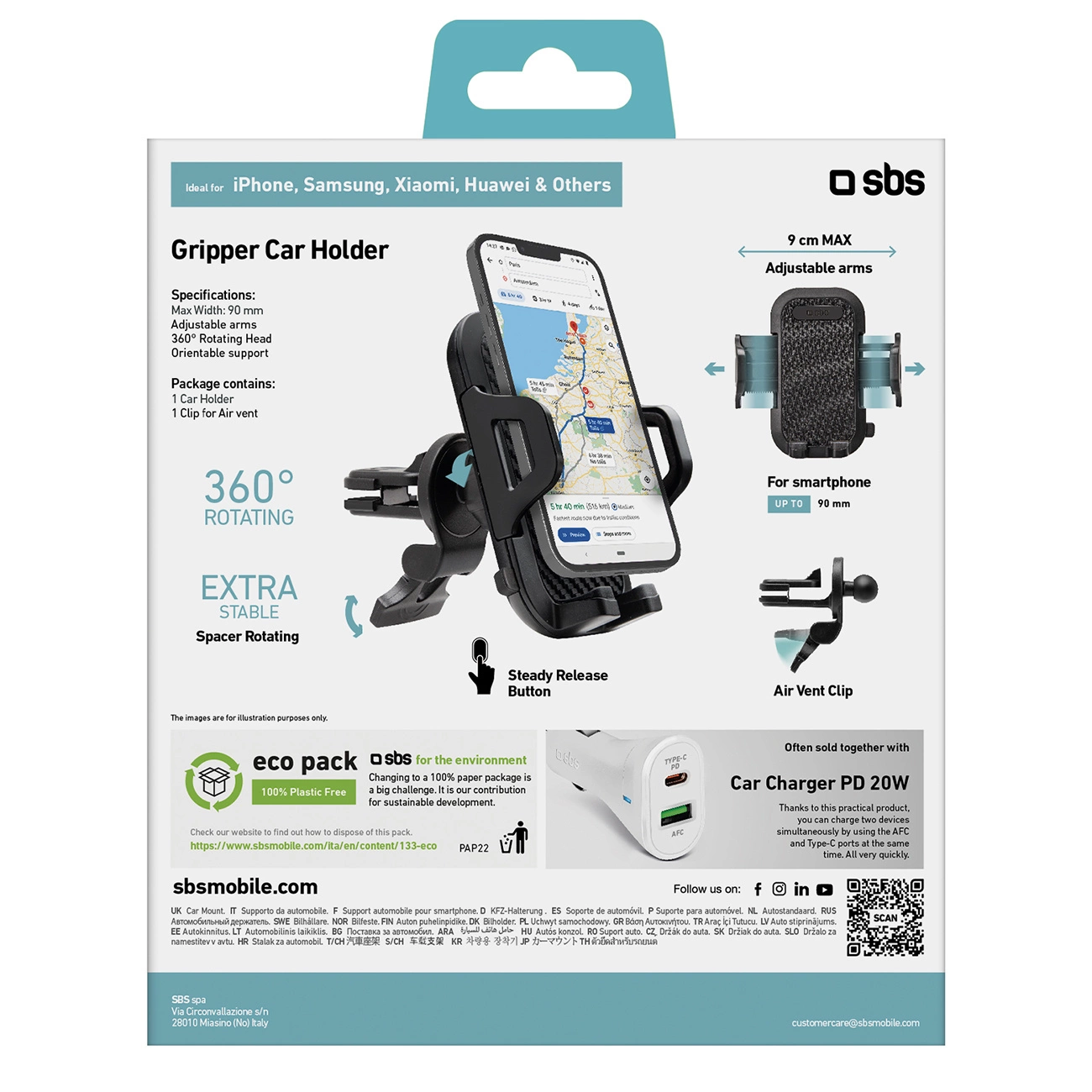Embalaje del soporte para coche SBS Gripper con imágenes del producto, especificaciones y símbolo ecológico.