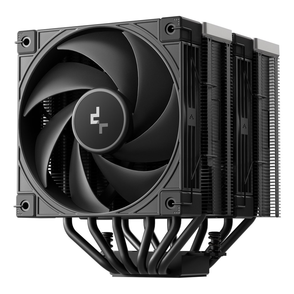 Dissipatore CPU a doppia torre nero con alette metalliche, ventola e tubi di calore.