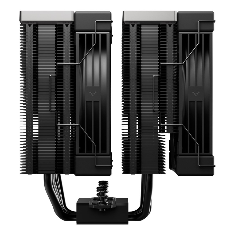 Un dissipatore CPU nero doppio con alette, due ventole e tubi di calore curvi su sfondo bianco.