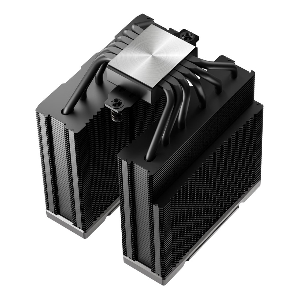Un dissipatore CPU nero a doppia torre con tubi di calore e base argentata su sfondo bianco.