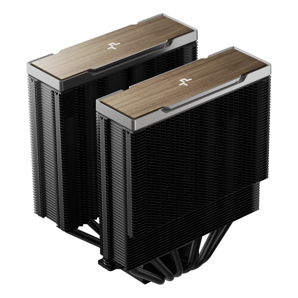 Dissipatore CPU a doppia torre con alette nere, coperture in legno e bordi argentati su sfondo bianco.