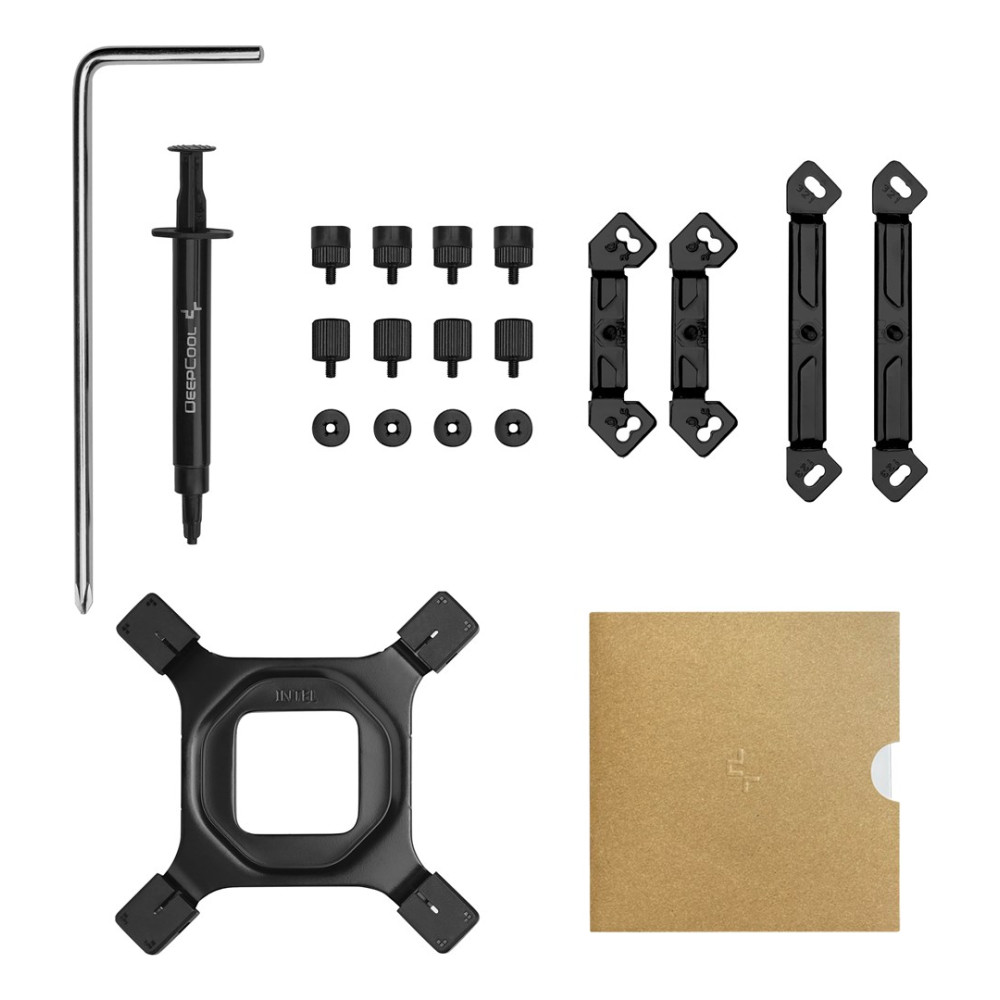 Kit di montaggio per dissipatore CPU con staffe, viti, pasta termica e cacciavite su sfondo bianco.
