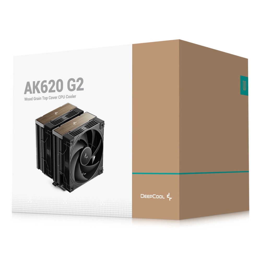 Confezione del prodotto per il dissipatore CPU DeepCool AK620 G2 Wood Grain Top Cover.