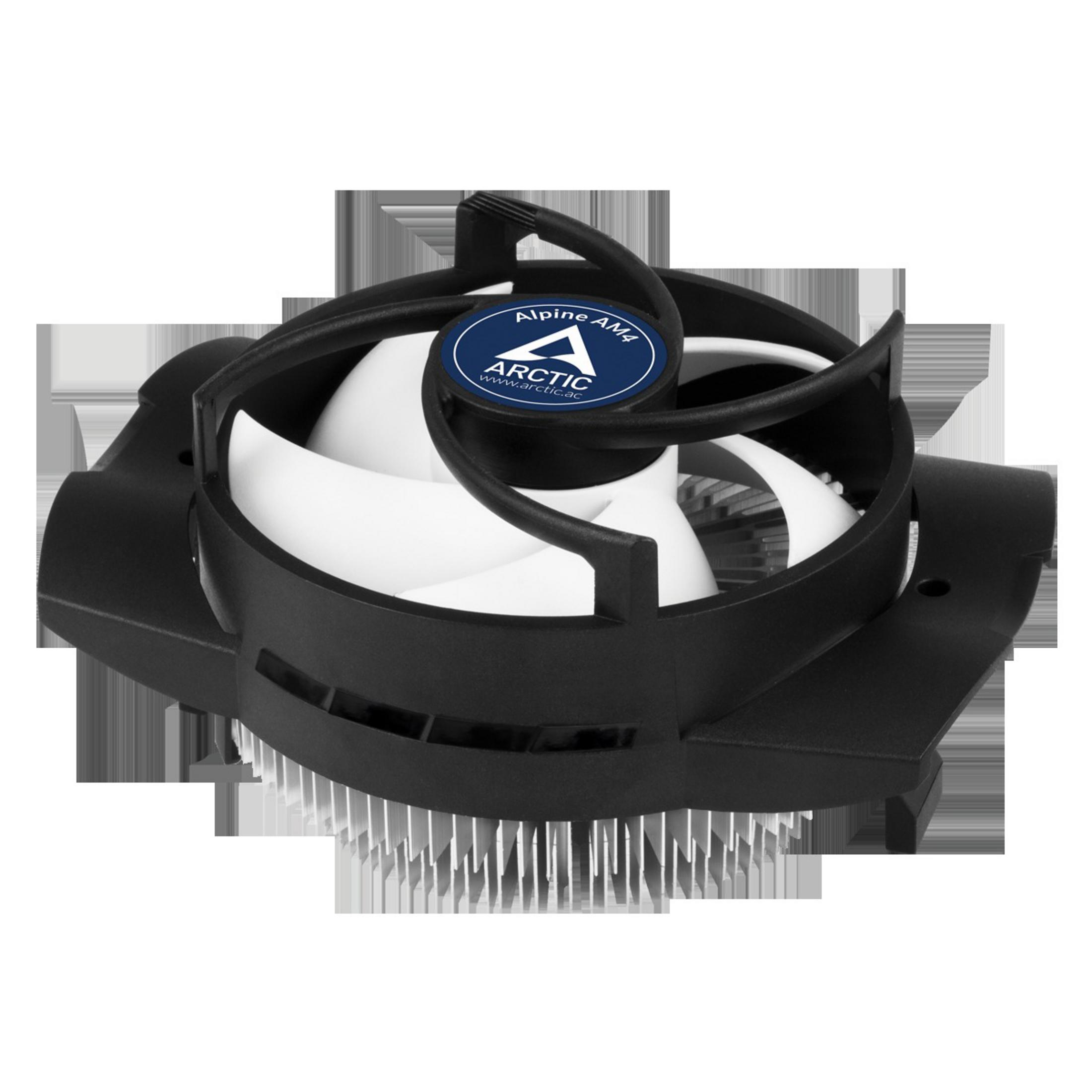 Dissipatore CPU nero Arctic Alpine AM4 con ventola bianca e logo blu al centro.