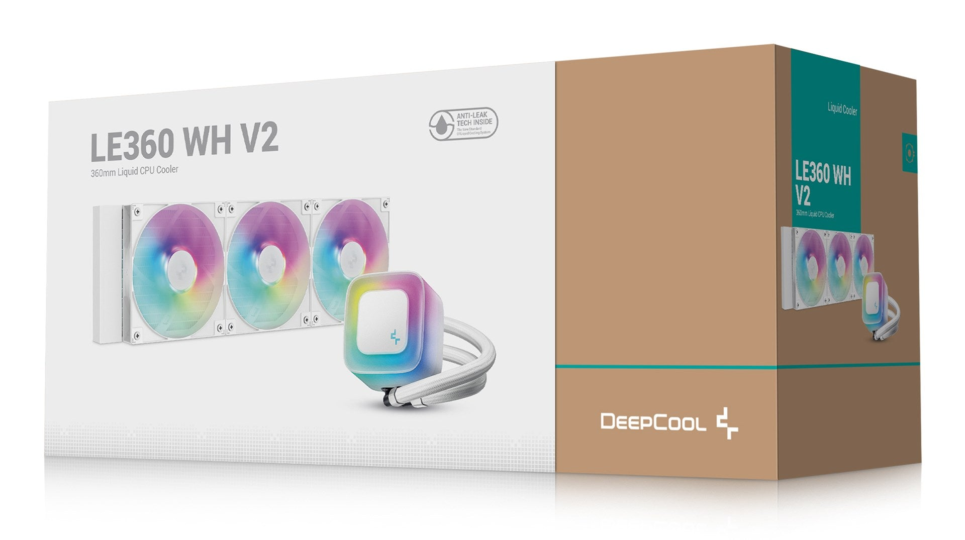 Scatola per dissipatore liquido per CPU DeepCool LE360 WH V2 con elementi bianchi e RGB.