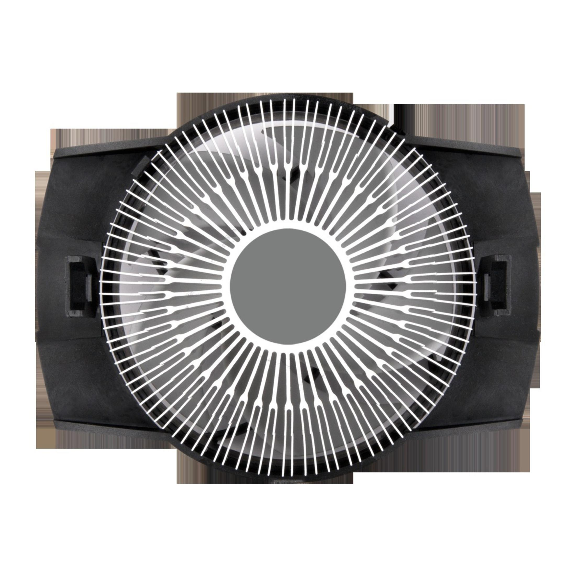 Un dissipatore per CPU rotondo con numerose alette bianche e centro grigio, montato in alloggiamento nero.