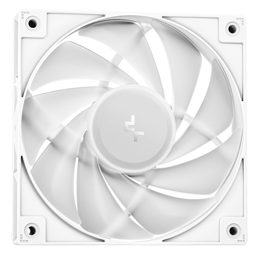 Una ventola di raffreddamento per computer bianca con nove pale curve e un logo centrale.