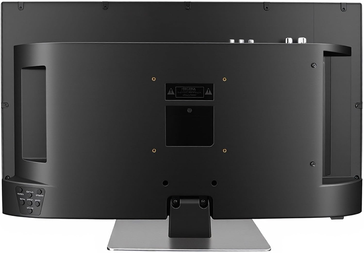 Vista trasera de un monitor negro con puertos, orificios VESA y base plateada sobre fondo blanco.
