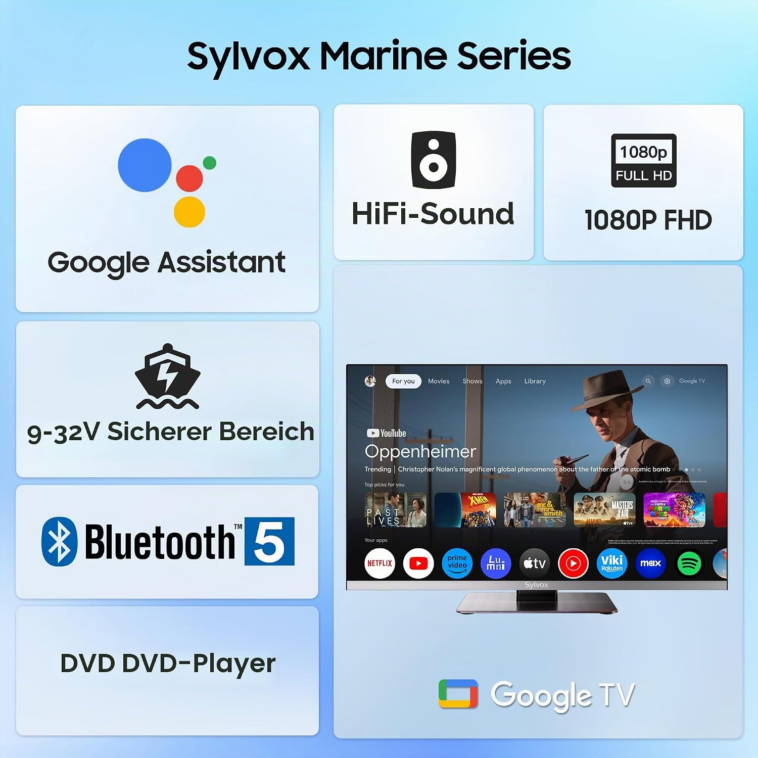 TV Sylvox Marine Series con Google Assistant, sonido HiFi, 1080p, Bluetooth 5 y reproductor de DVD.