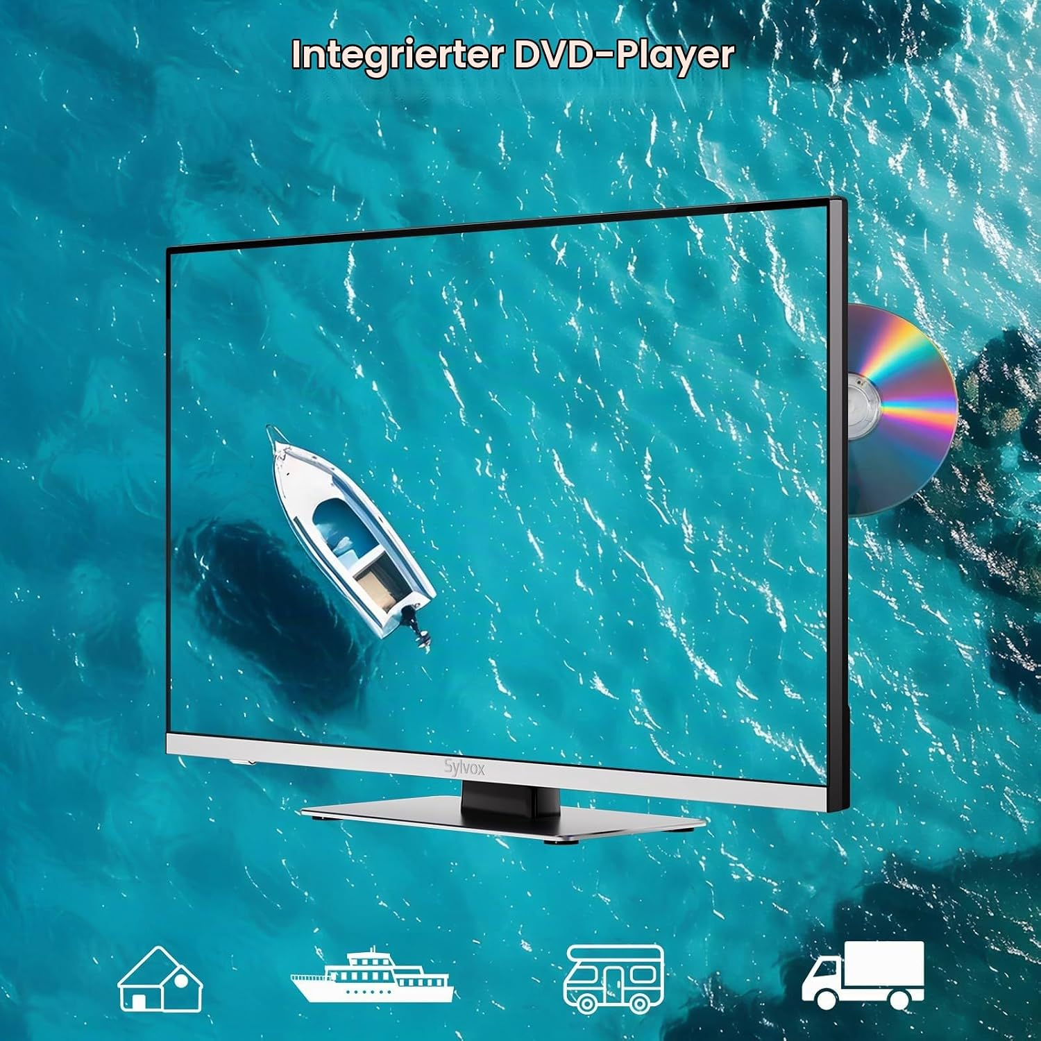 Un televisor de pantalla plana con reproductor de DVD integrado muestra un barco en agua azul.