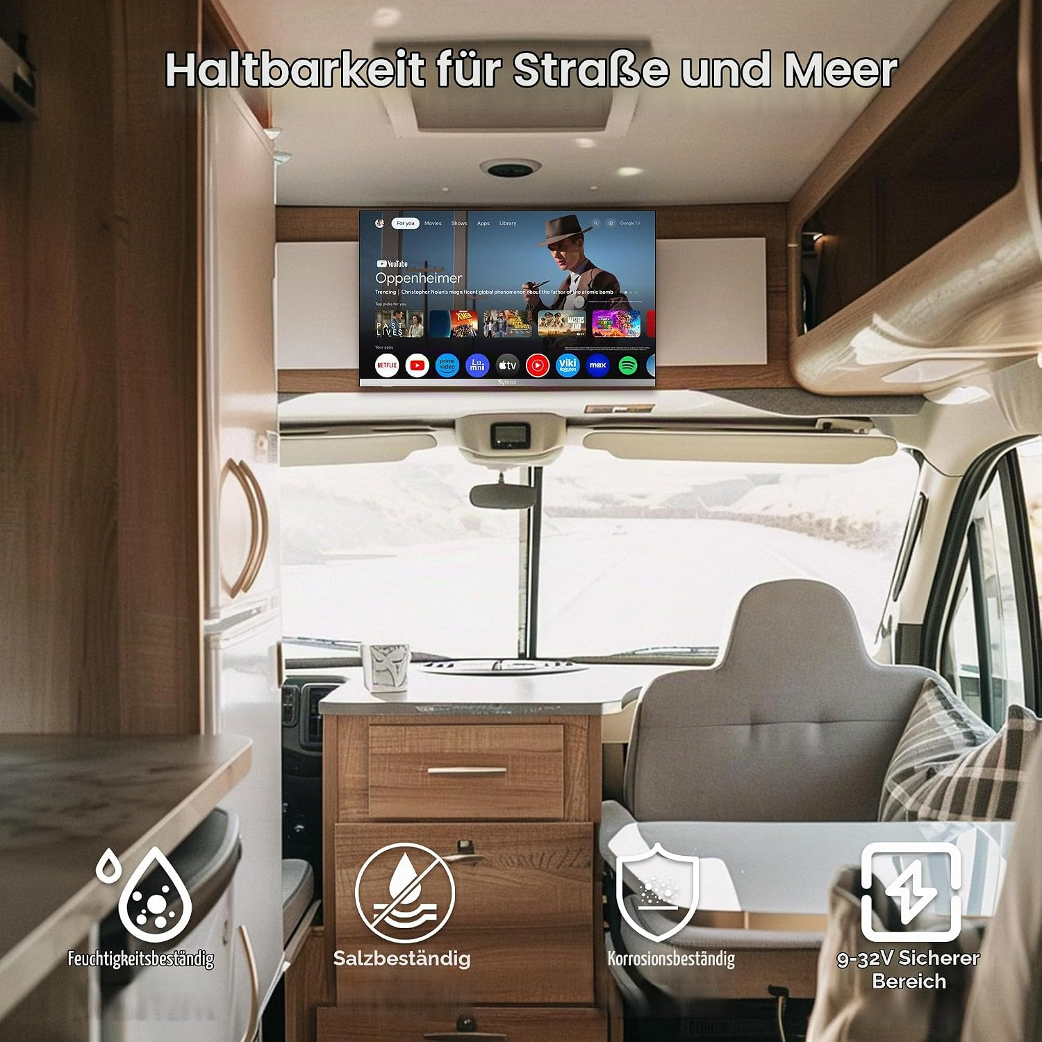 Interior de una autocaravana con televisor e iconos de resistencia a la humedad, sal y corrosión.