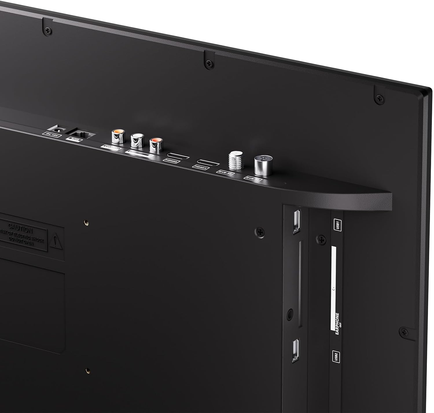 Primer plano del panel posterior de un dispositivo electrónico negro con múltiples puertos de conexión, ranuras USB y entradas de antena.